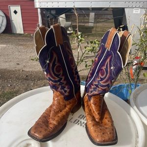 Full Quill Ostrich Cognac with purple tops ladies square toe boots